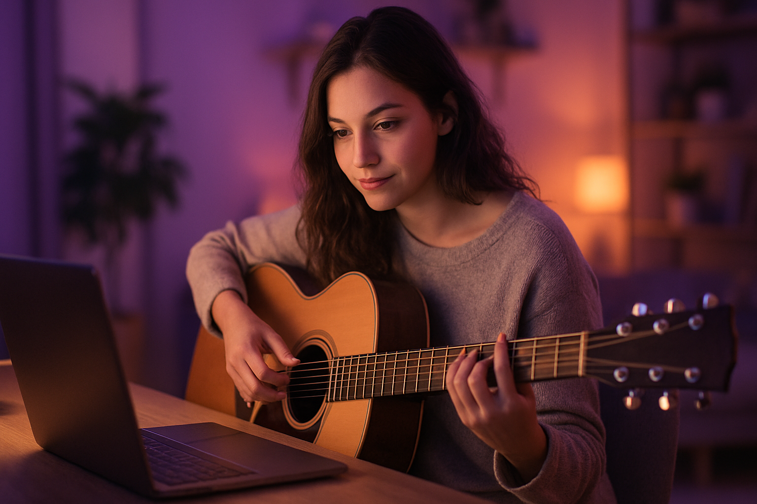 Persona tocando guitarra frente a una computadora durante una videollamada nocturna con luces violetas