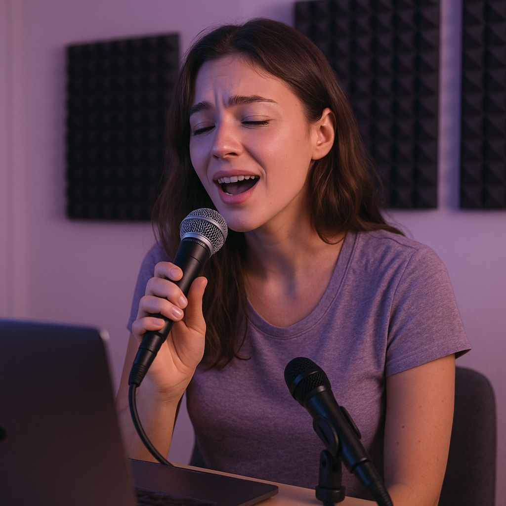 Alumna cantando frente al micrófono durante una clase de canto online