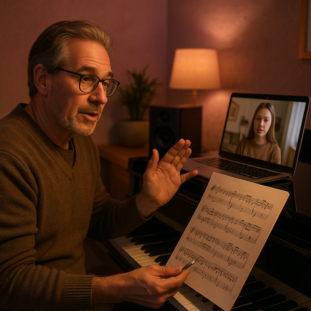 Profesor de piano explicando una partitura por videollamada