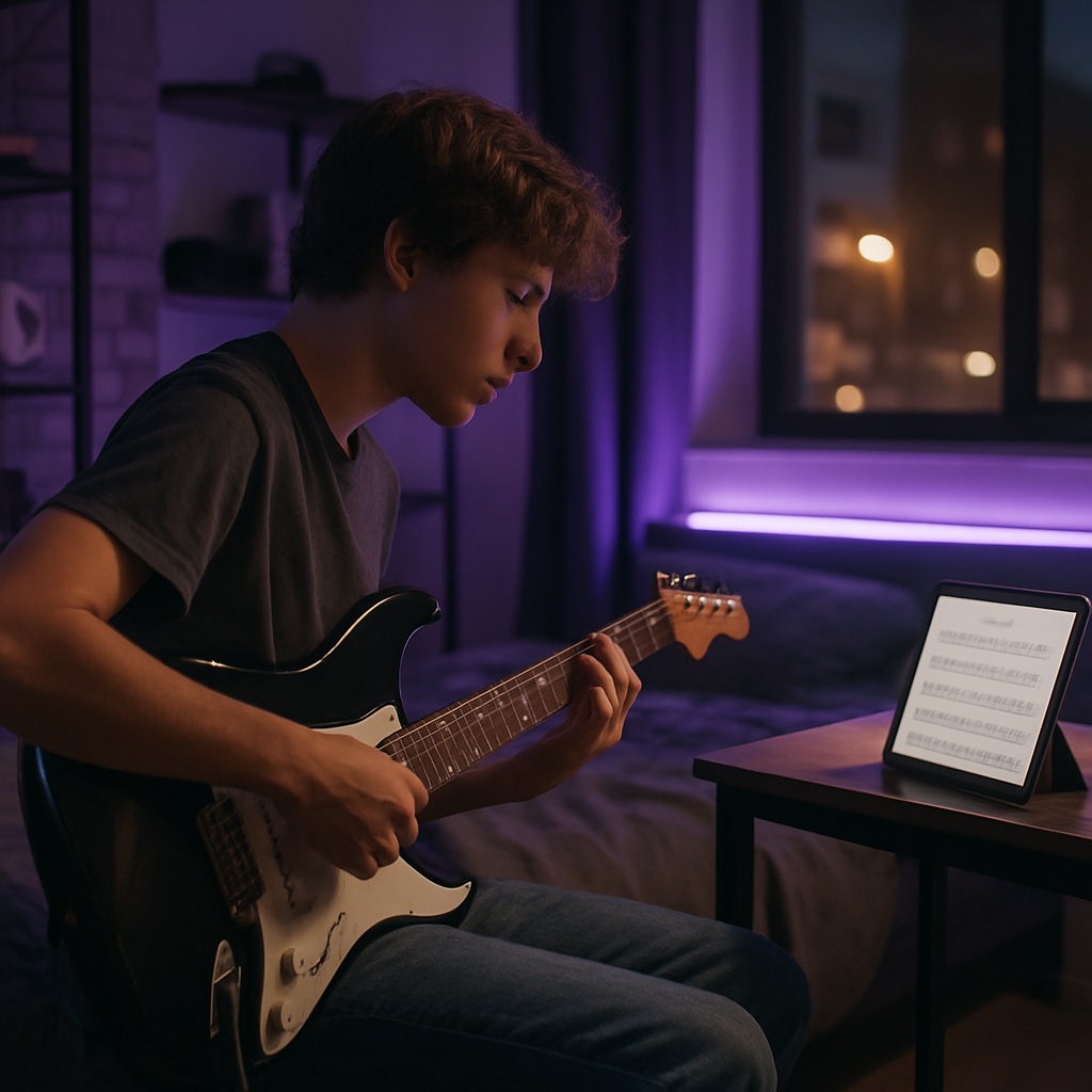 Estudiante practicando guitarra eléctrica con partitura digital en pantalla
