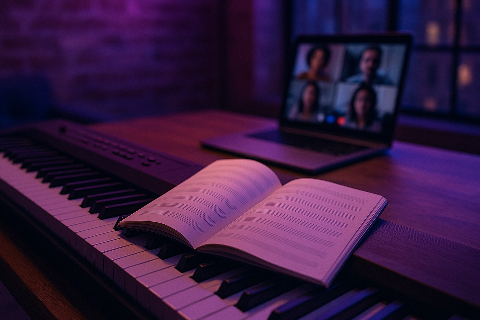 Piano digital y tablet mostrando una partitura durante una clase online